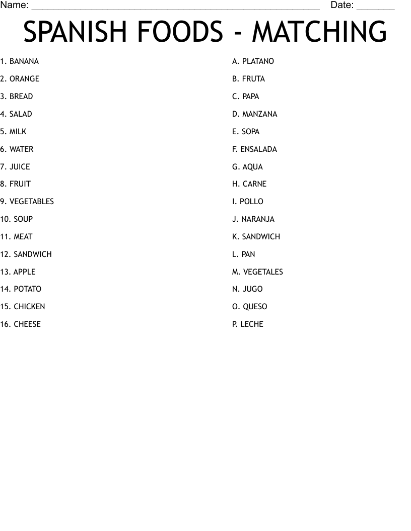 SPANISH FOODS - MATCHING Worksheet