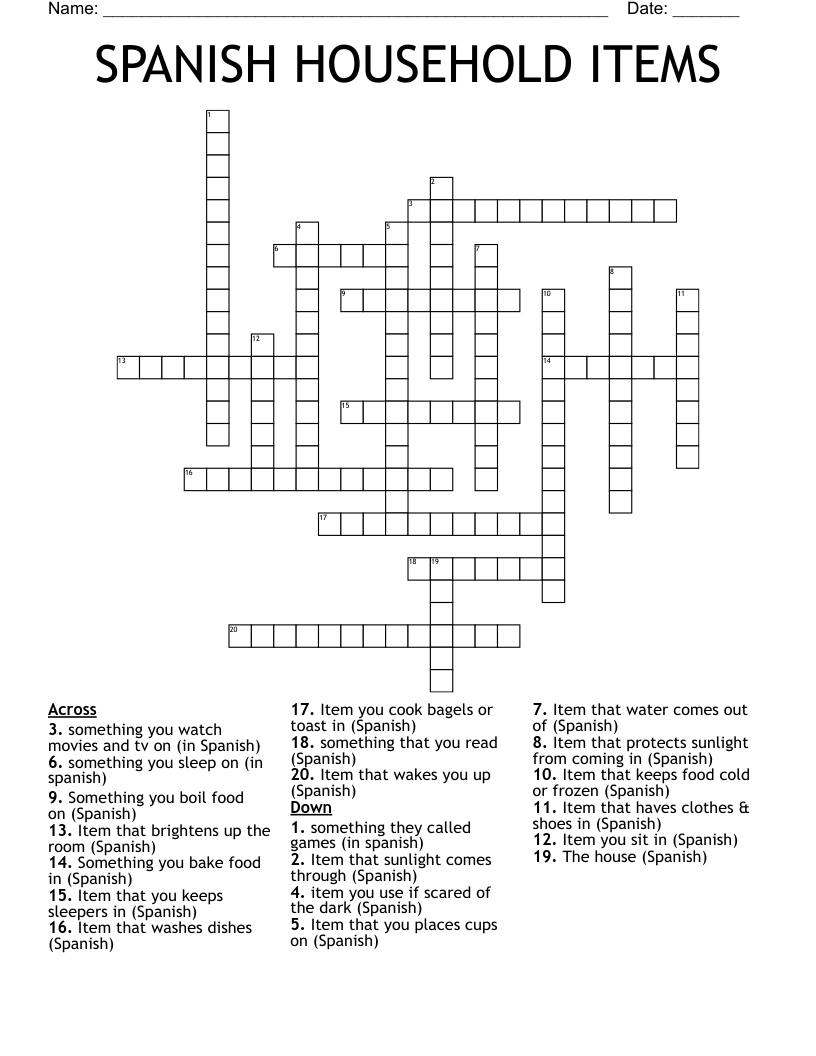 SPANISH HOUSEHOLD ITEMS  Crossword
