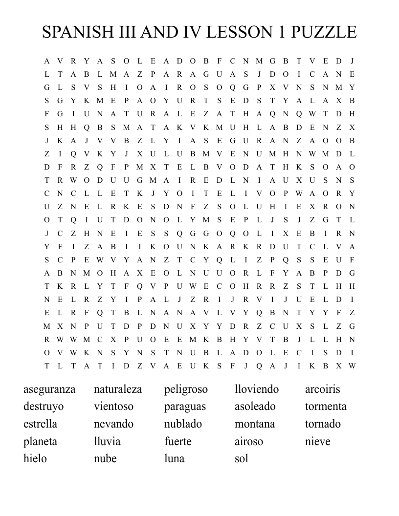 SPANISH III AND IV LESSON 1 PUZZLE Word Search