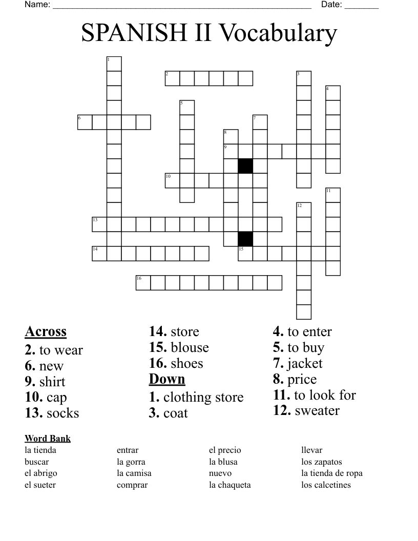 SPANISH II Vocabulary  Crossword