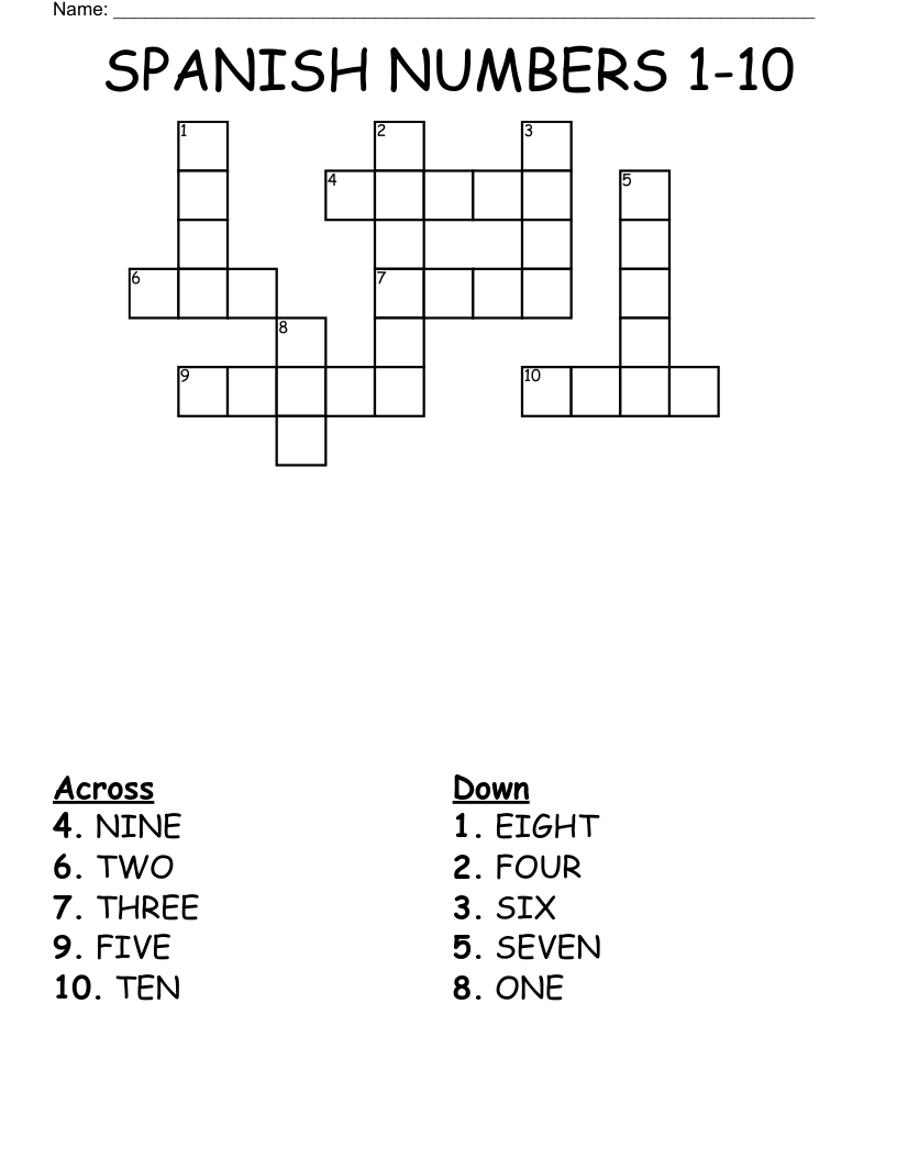 SPANISH NUMBERS 1-10  Crossword