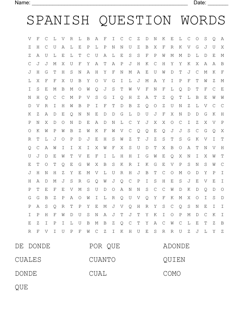 SPANISH QUESTION WORDS Word Search
