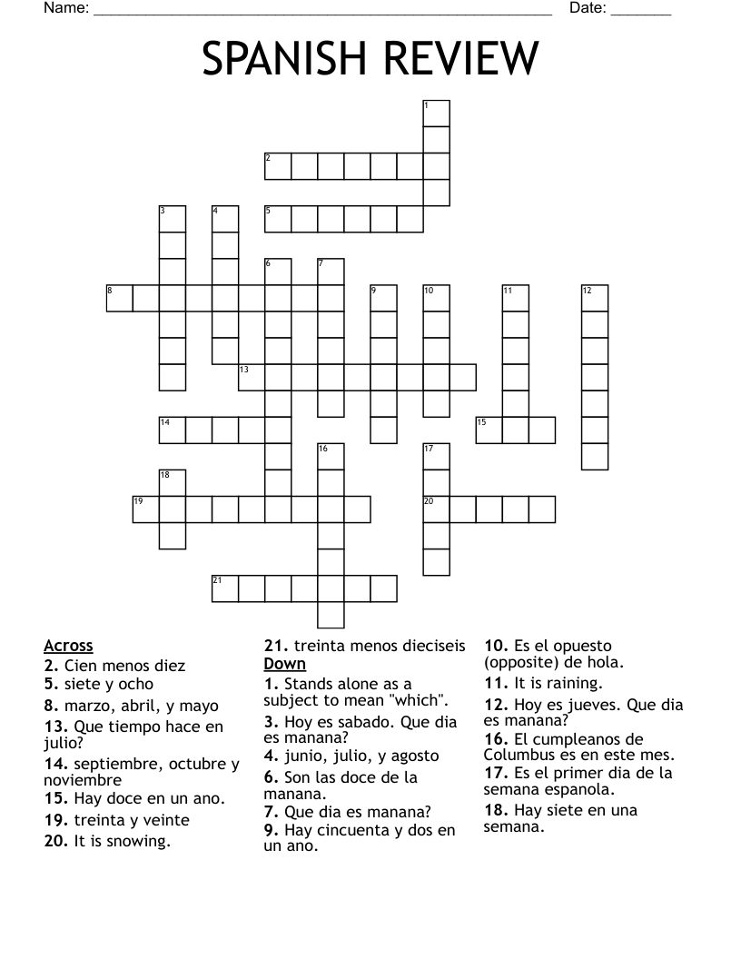 SPANISH REVIEW Crossword