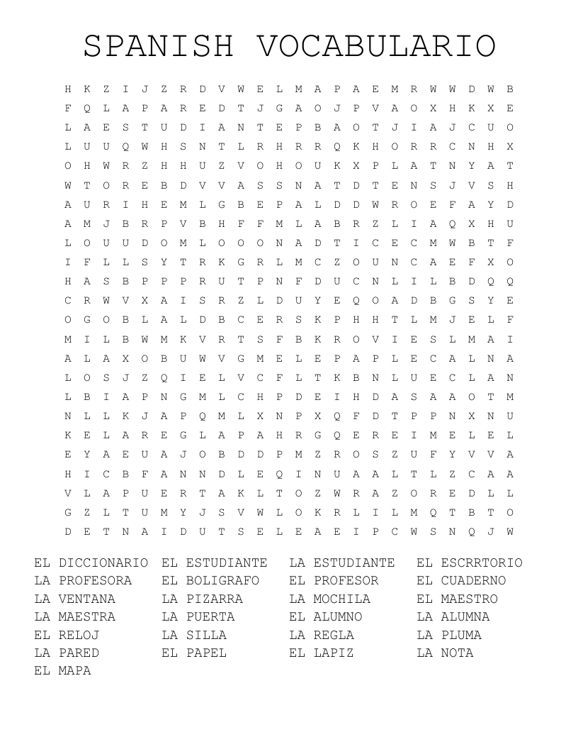 SPANISH VOCABULARIO Word Search