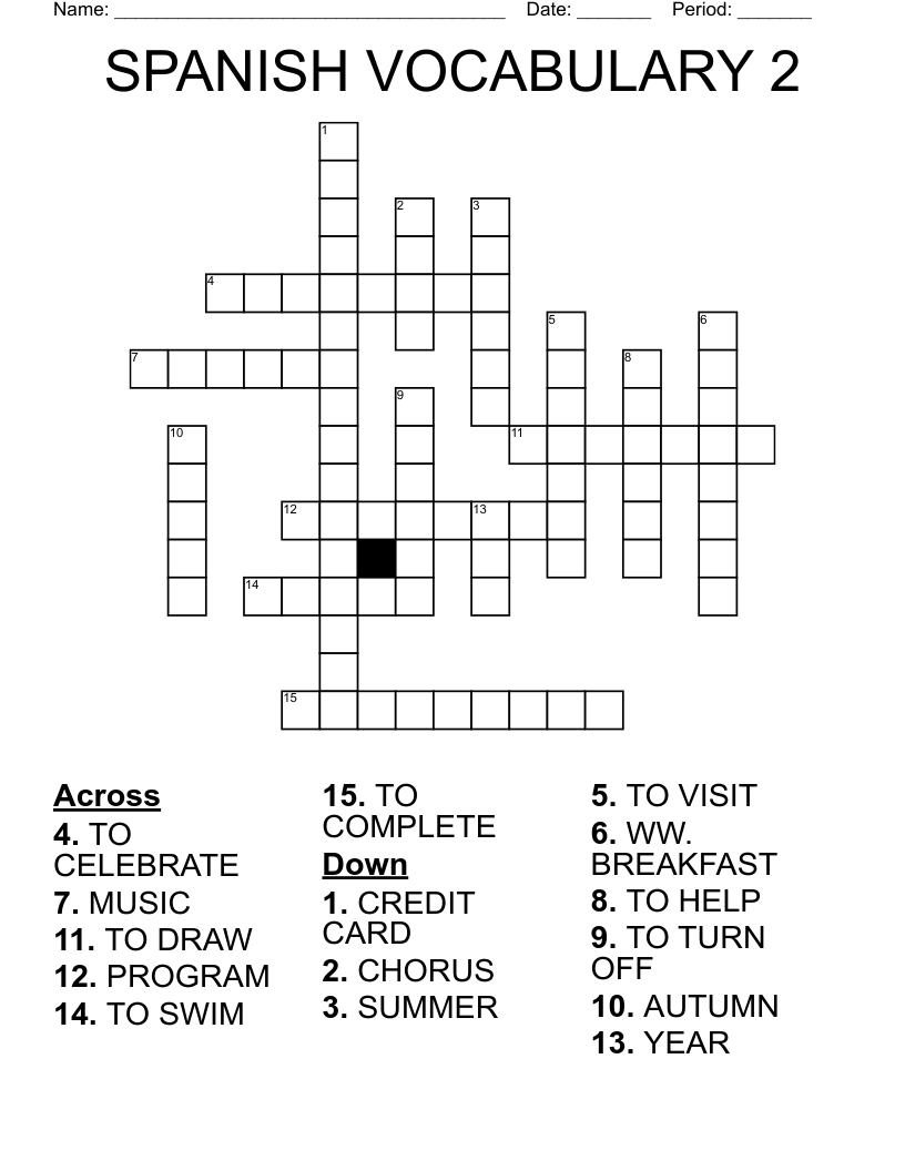 SPANISH VOCABULARY 2 Crossword