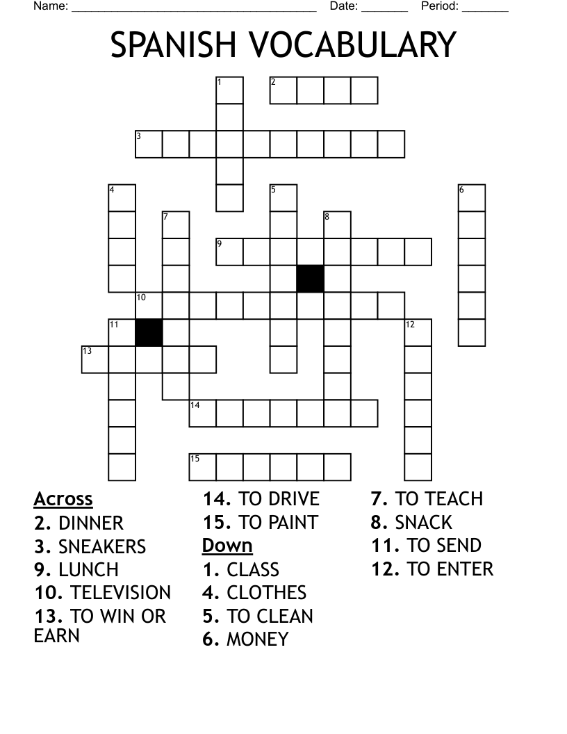 SPANISH VOCABULARY Crossword
