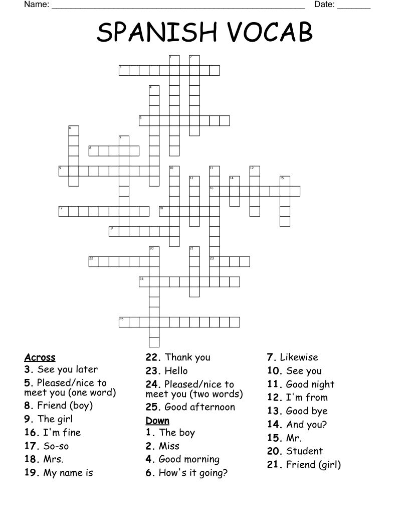SPANISH VOCAB Crossword