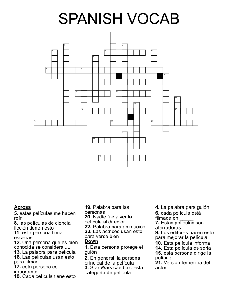 SPANISH VOCAB  Crossword