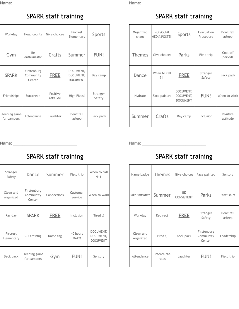 SPARK staff training Bingo Cards