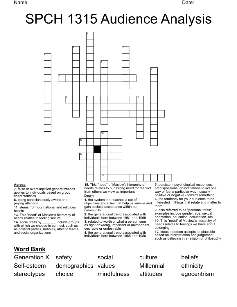 SPCH 1315 Audience Analysis Crossword