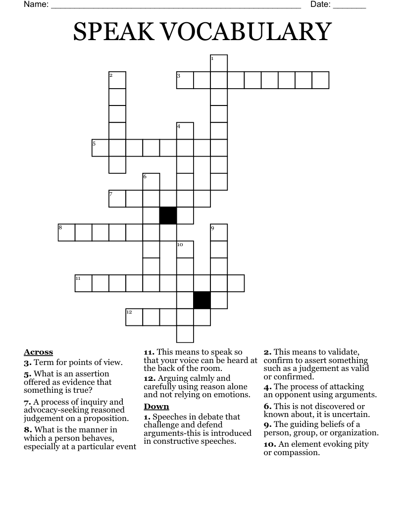 SPEAK VOCABULARY Crossword