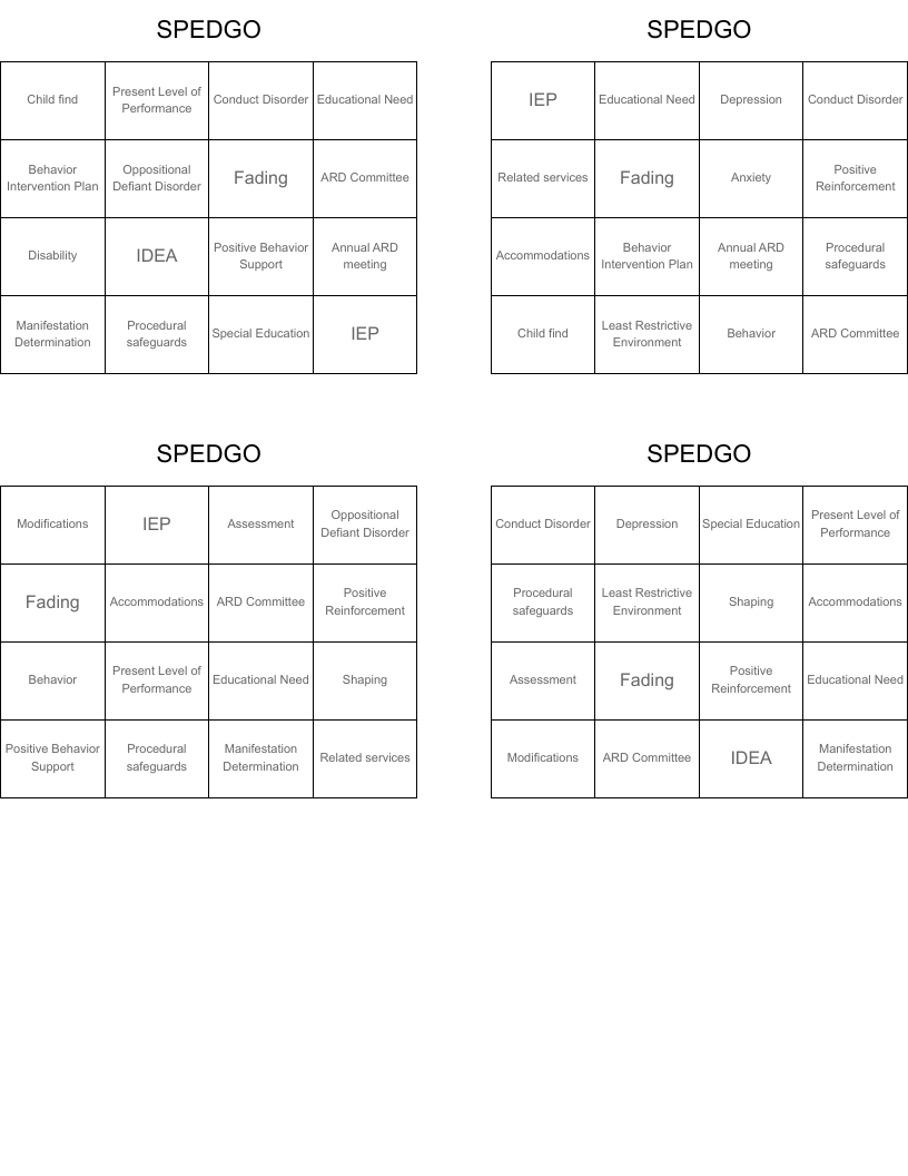 SPEDGO Bingo Cards