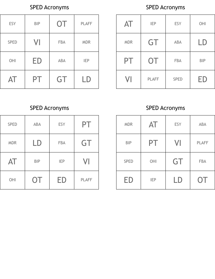 SPED Acronyms Bingo Cards