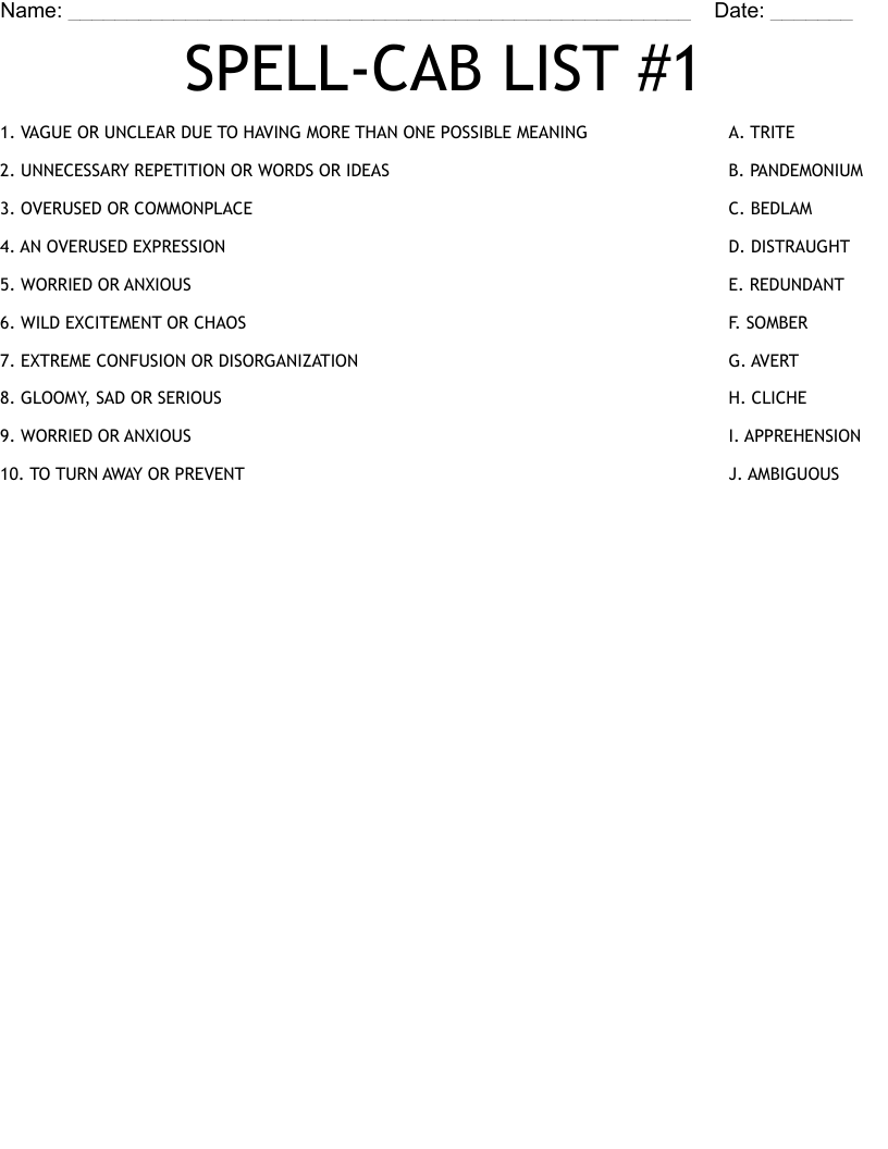 SPELL-CAB LIST #1 Worksheet