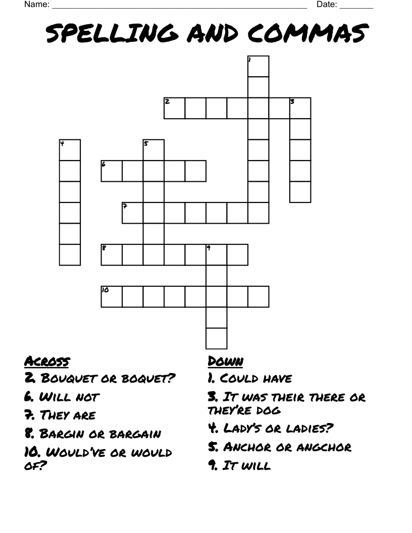 SPELLING AND COMMAS Crossword