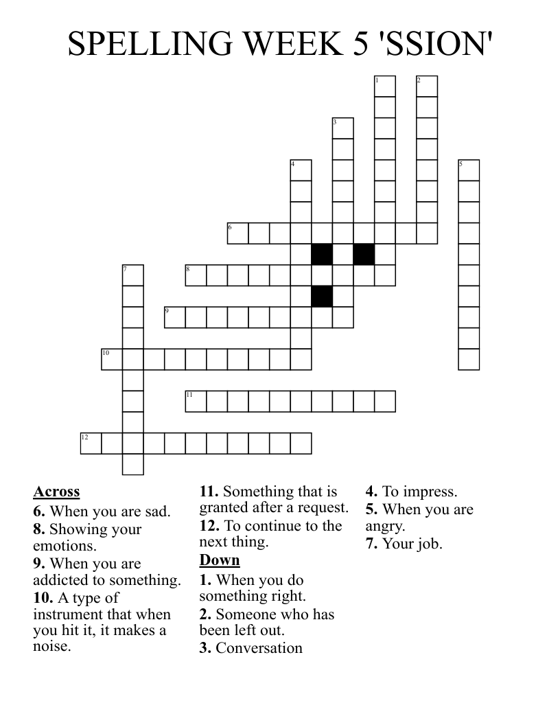 SPELLING WEEK 5 'SSION' Crossword