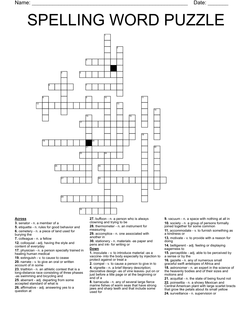 SPELLING WORD PUZZLE Crossword