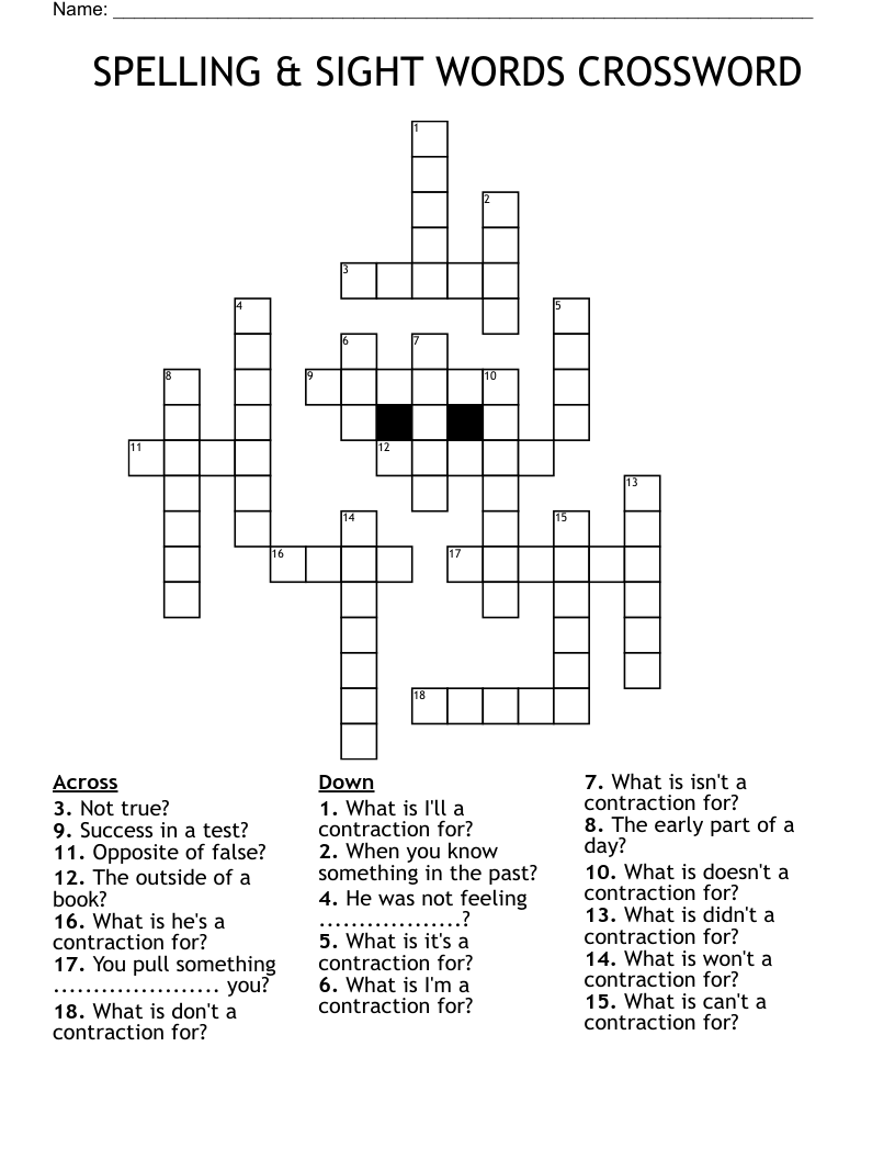 SPELLING & SIGHT WORDS CROSSWORD