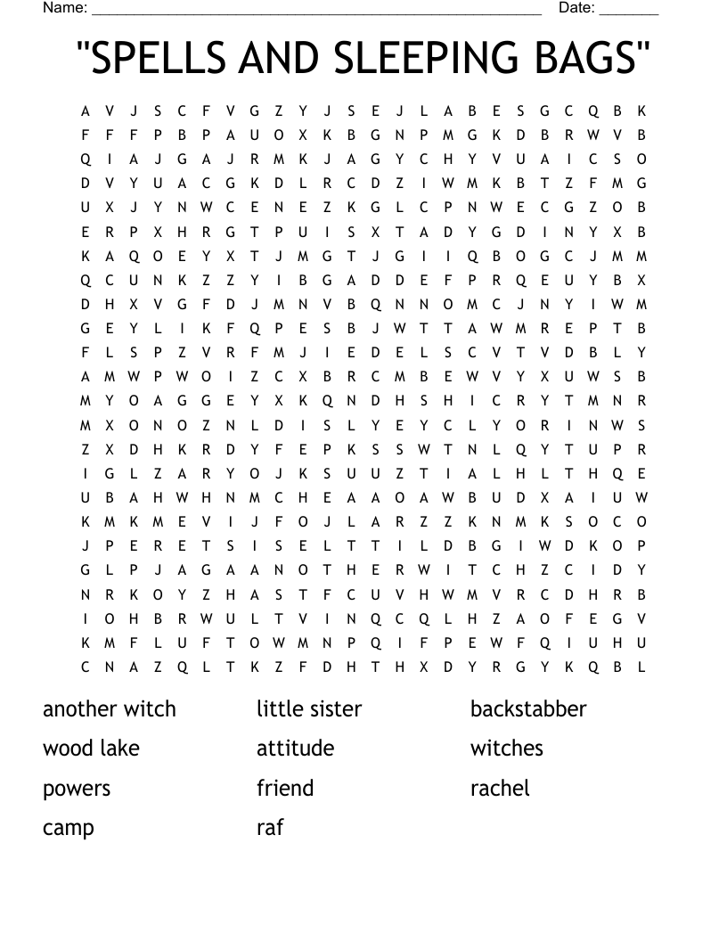 "SPELLS AND SLEEPING BAGS" Word Search