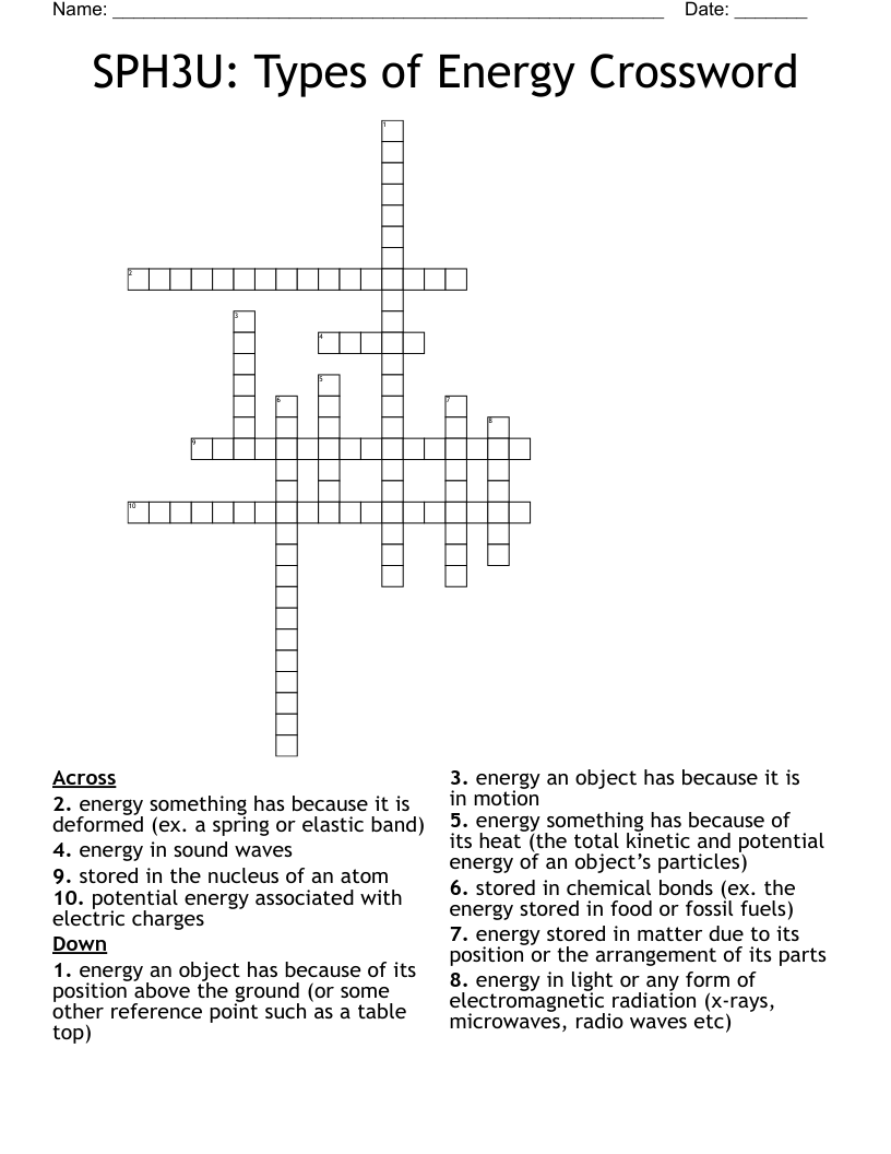 SPH3U: Types of Energy Crossword