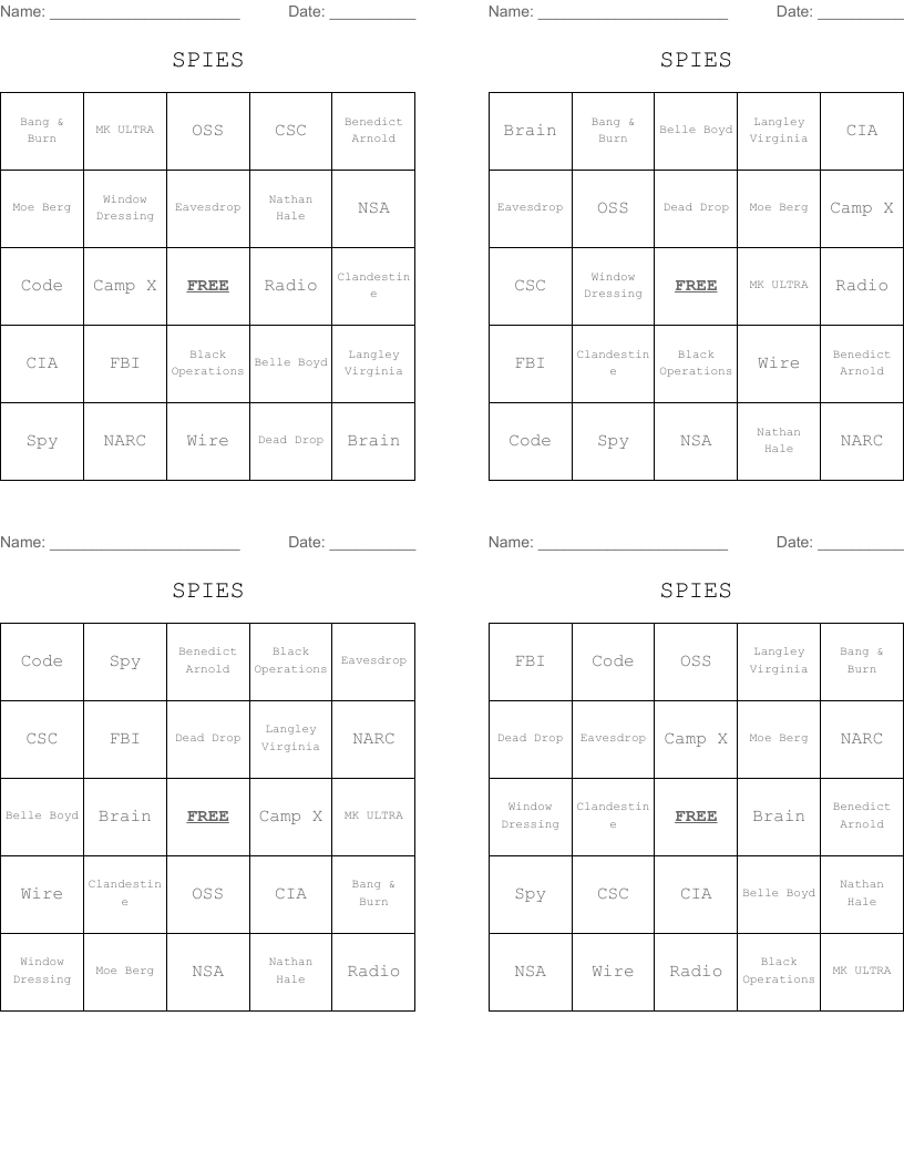 SPIES Bingo Cards
