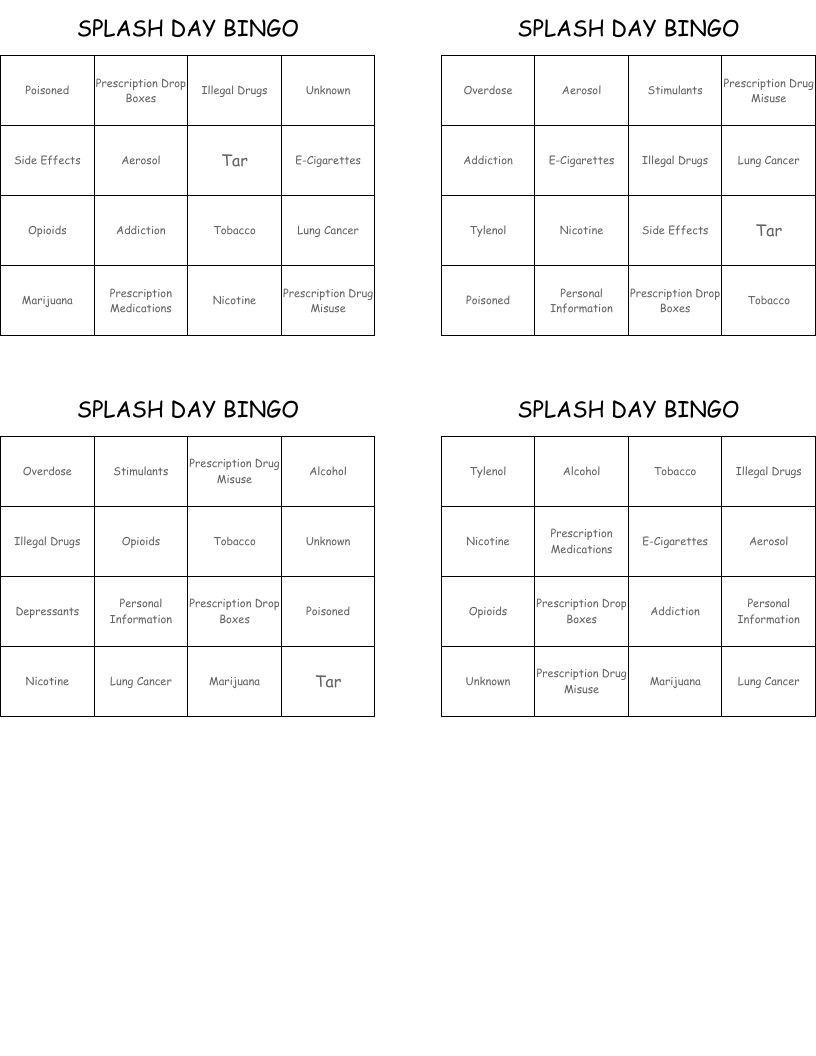 SPLASH DAY BINGO