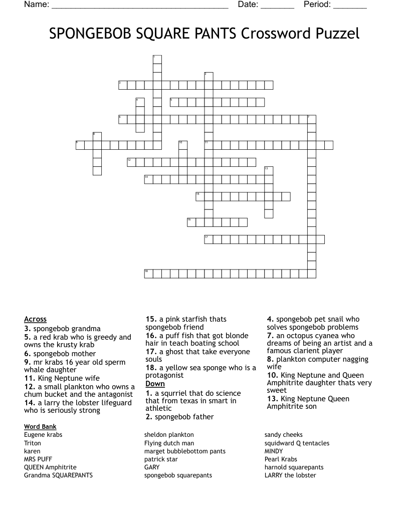 SPONGEBOB SQUARE  PANTS  Crossword Puzzel 