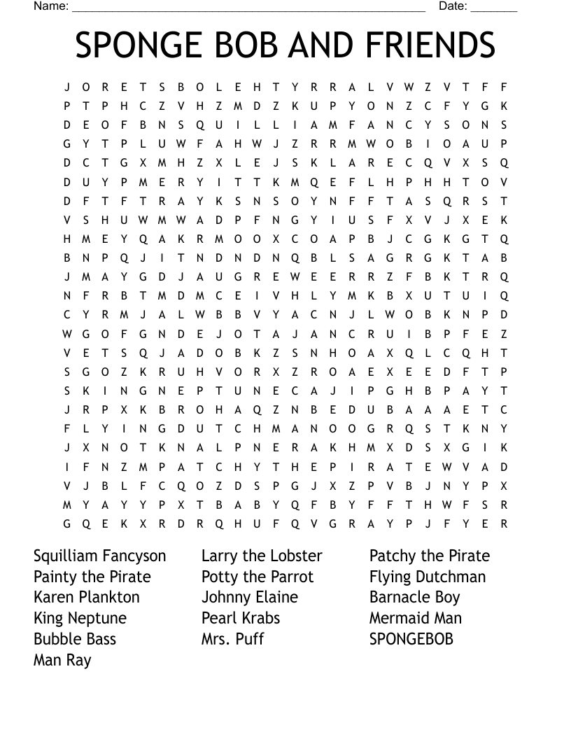 SPONGE BOB AND FRIENDS Word Search