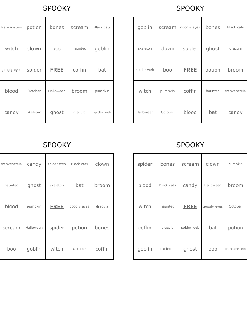 SPOOKY Bingo Cards