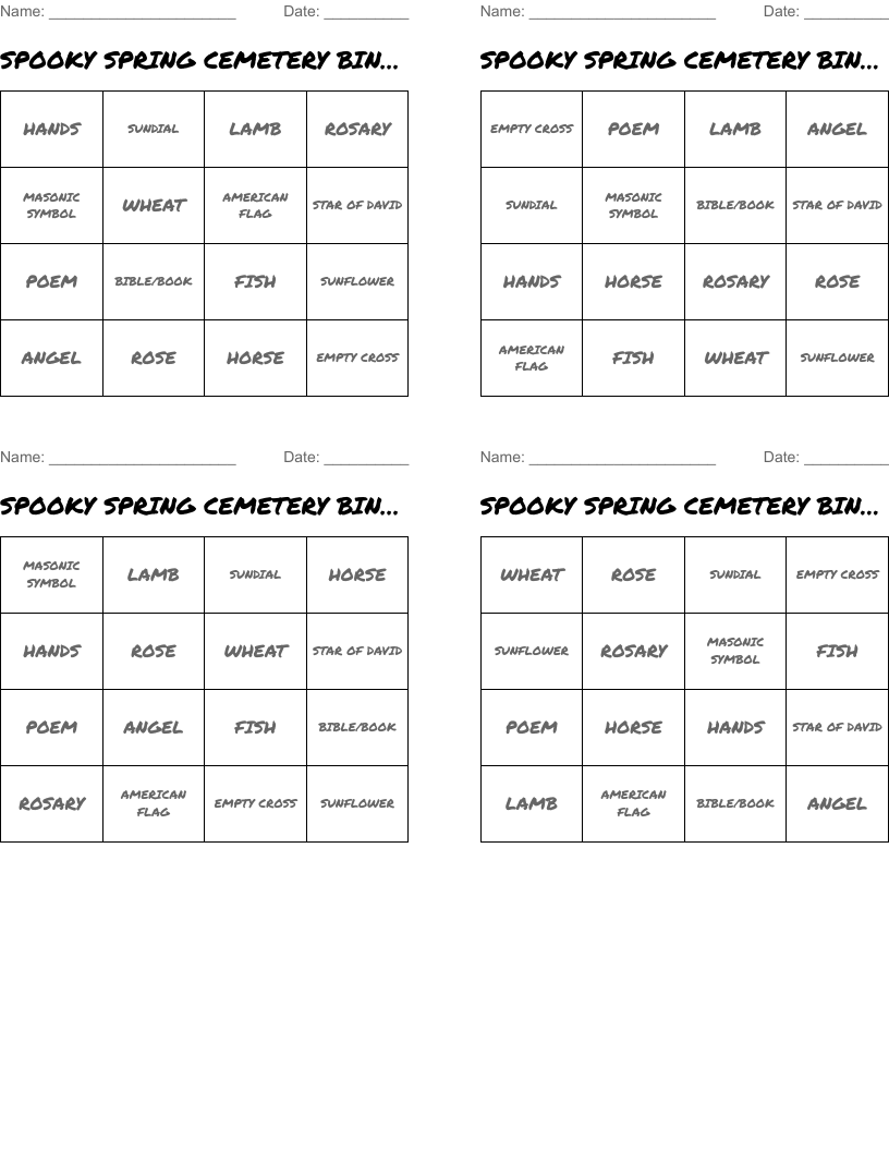 SPOOKY SPRING CEMETERY BINGO!!!