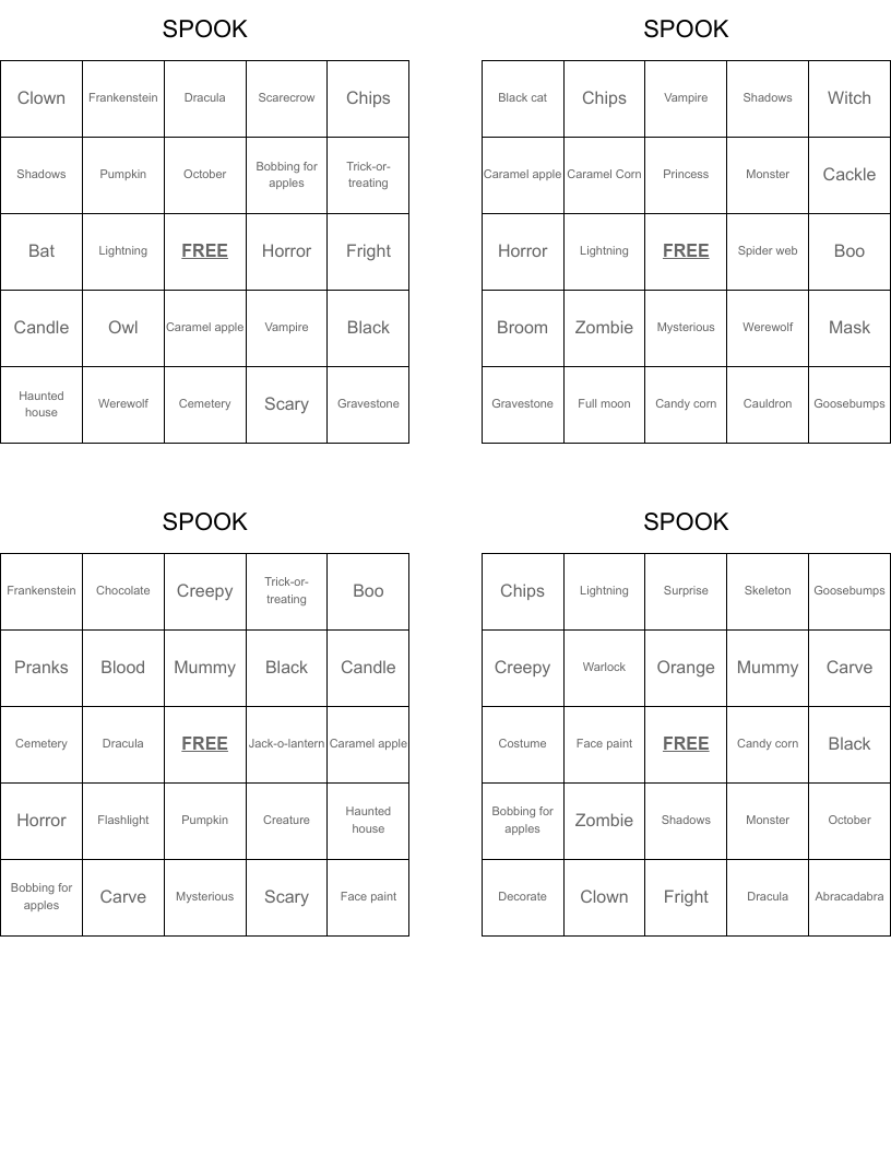 SPOOK Bingo Cards