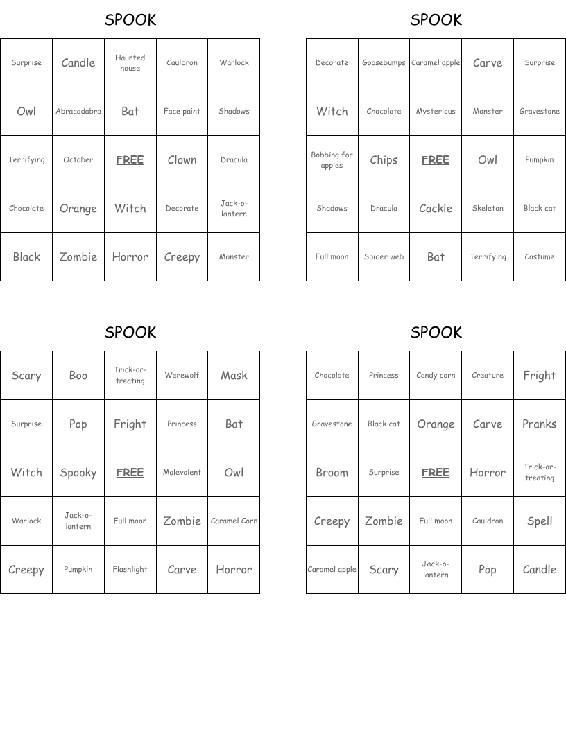 SPOOK Bingo Cards