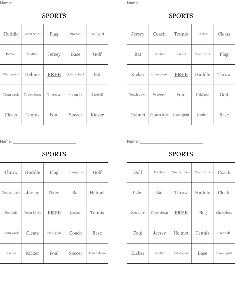 SPORTS Bingo Cards