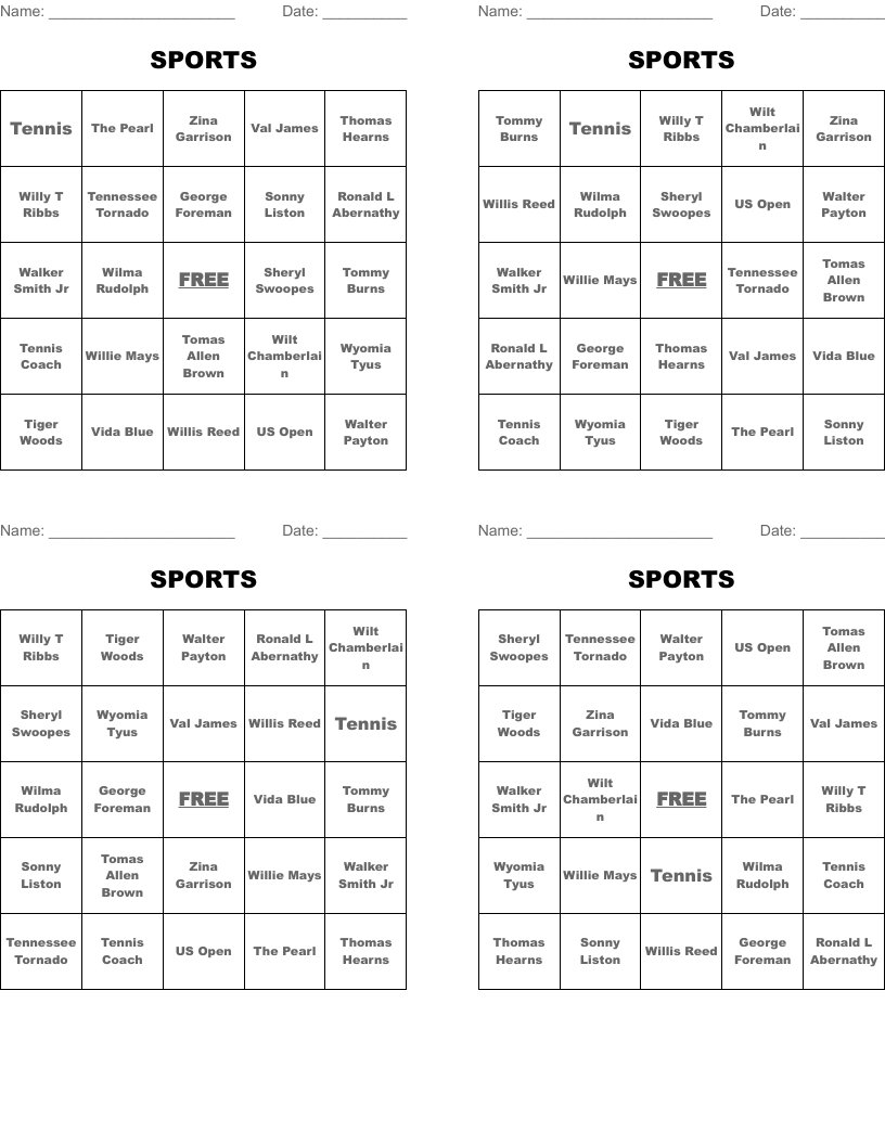 SPORTS Bingo Cards