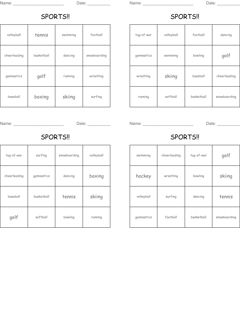 SPORTS!! Bingo Cards