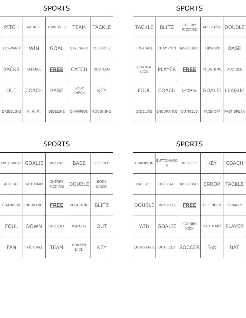 SPORTS Bingo Cards