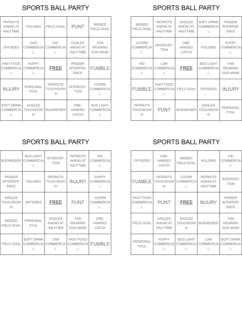 SPORTS BALL PARTY Bingo Cards