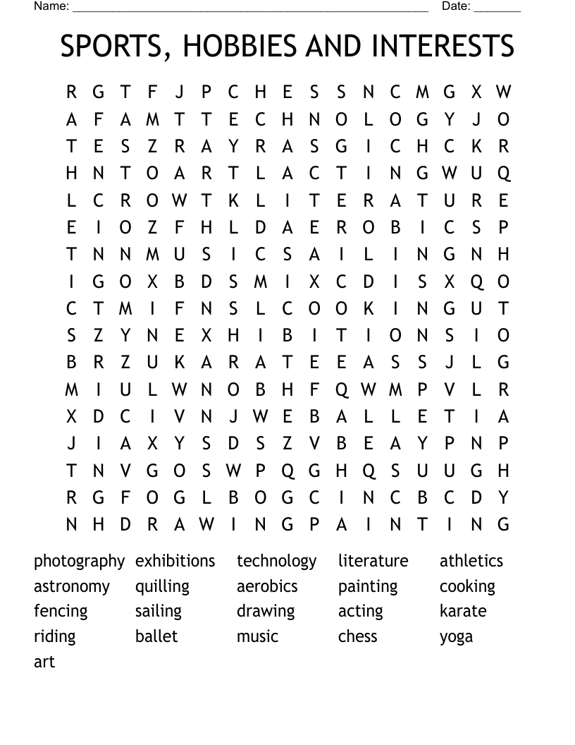 SPORTS, HOBBIES AND INTERESTS Word Search