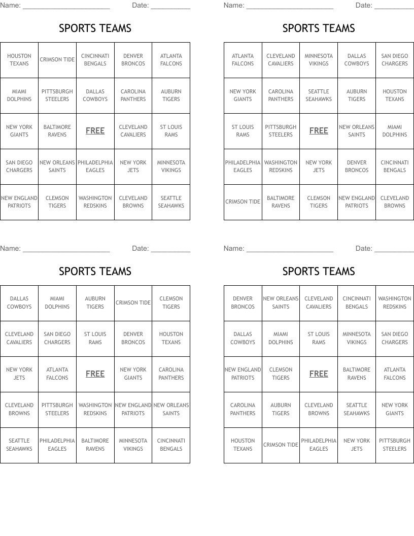 SPORTS TEAMS  Bingo Cards