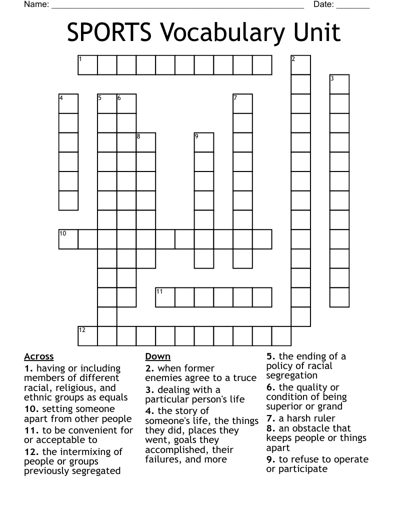 SPORTS Vocabulary Unit Crossword