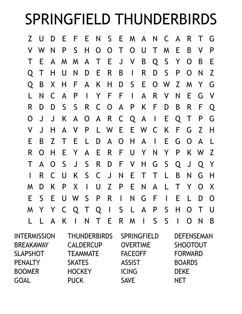 SPRINGFIELD THUNDERBIRDS Word Search