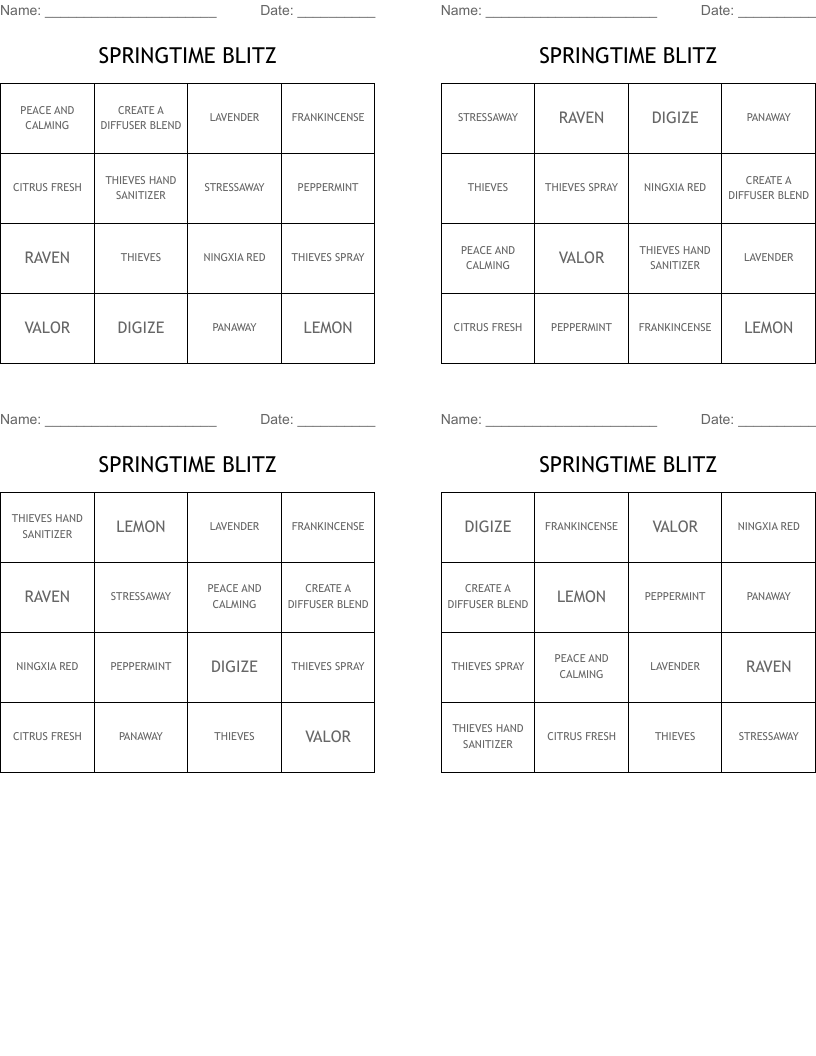SPRINGTIME BLITZ Bingo Cards