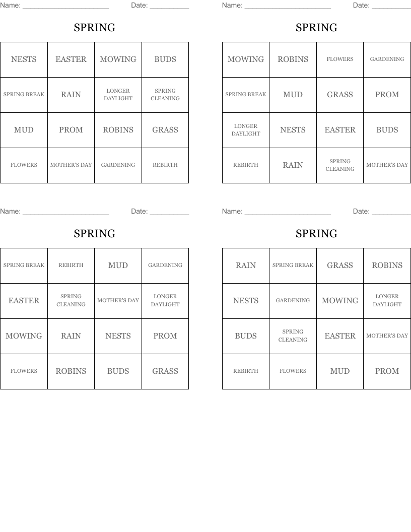 SPRING Bingo Cards