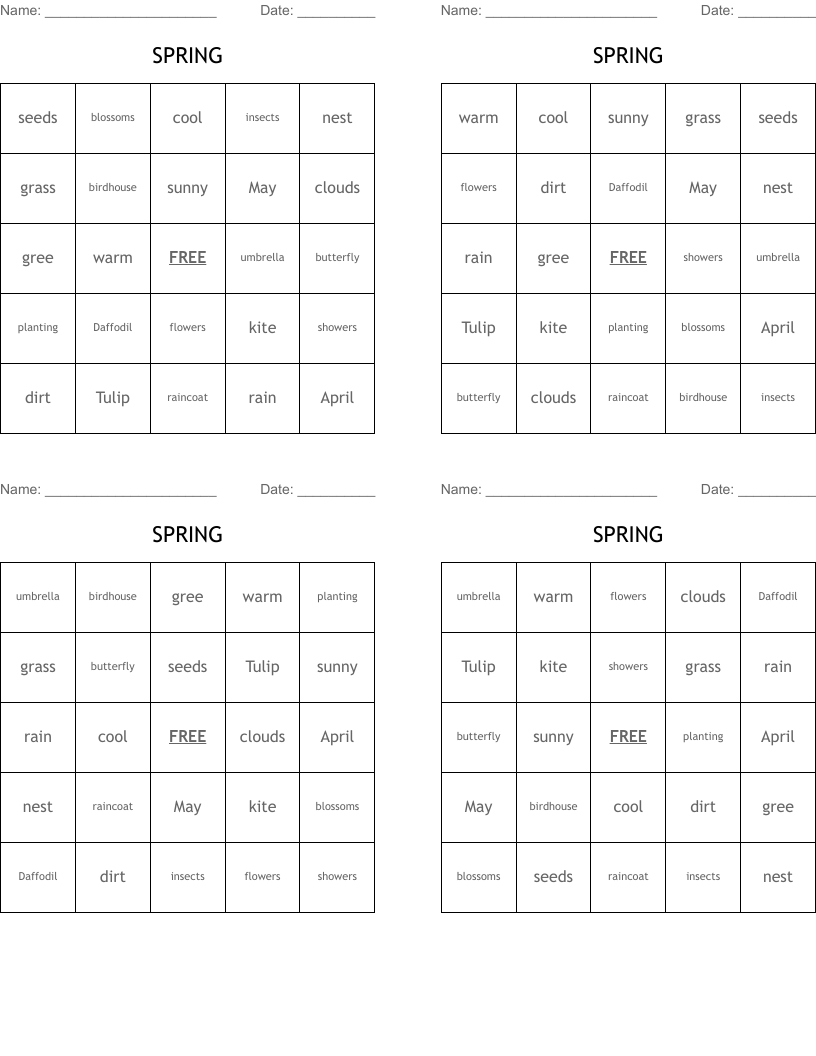 SPRING Bingo Cards