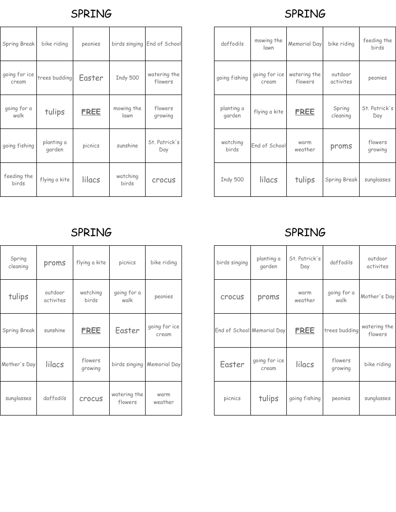 SPRING Bingo Cards