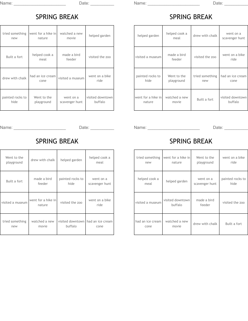 SPRING BREAK Bingo Cards