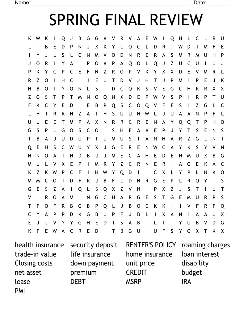 SPRING FINAL REVIEW Word Search