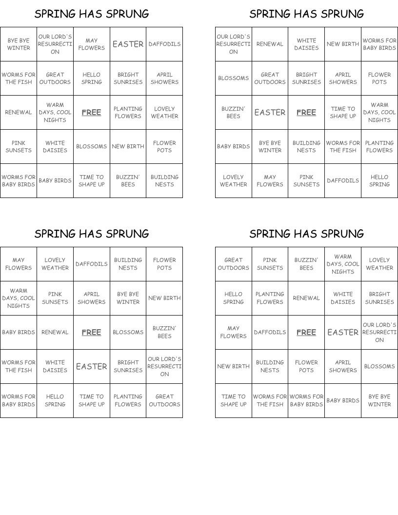 SPRING HAS SPRUNG Bingo Cards