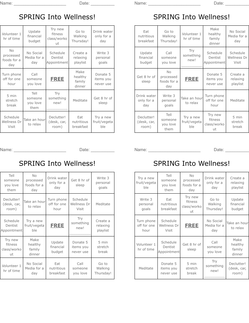 SPRING Into Wellness! Bingo Cards