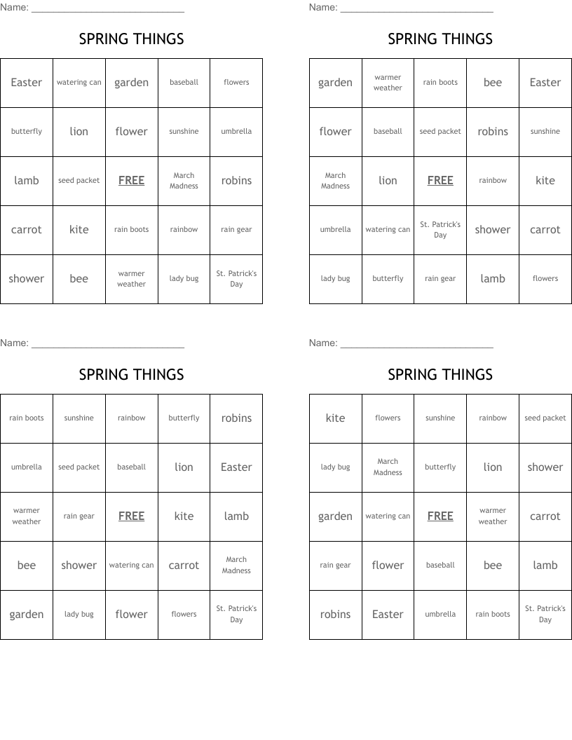 SPRING THINGS Bingo Cards